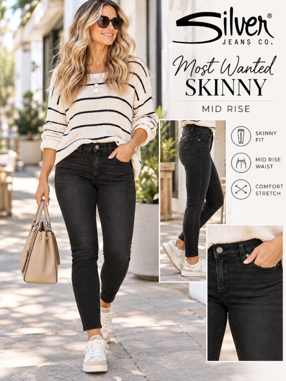 NWT Silver Jeans Co Most Wanted Skinny Jeans Black Mid Rise W31 L29